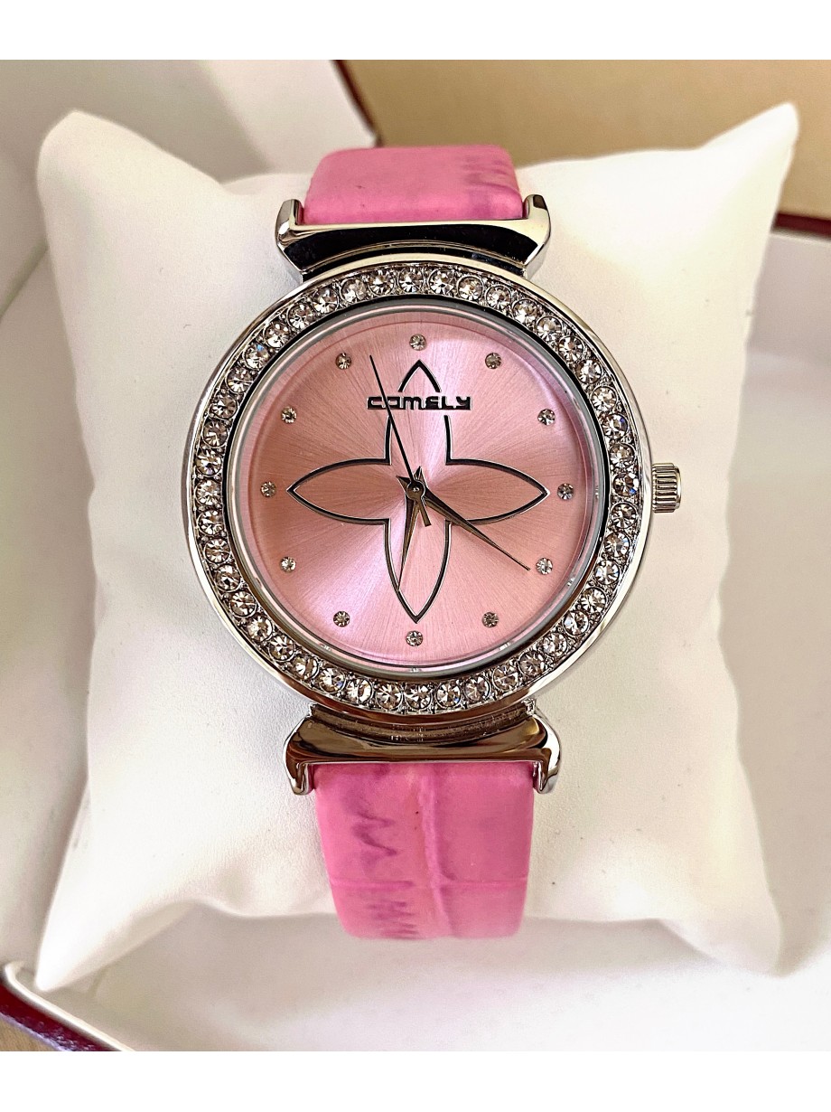 Ceas dama roz cu bratara din piele ecologica si cadran cu stea