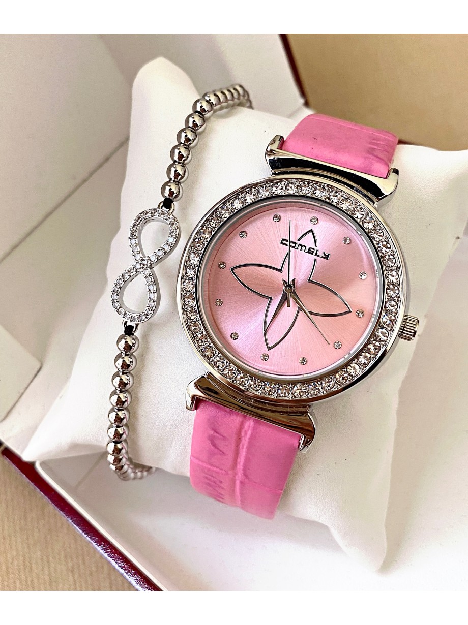 Ceas dama roz cu bratara din piele ecologica si cadran cu stea