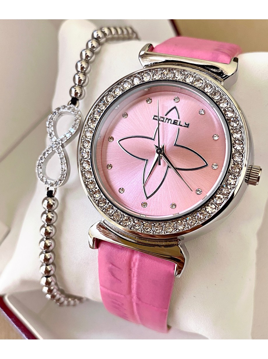 Ceas dama roz cu bratara din piele ecologica si cadran cu stea