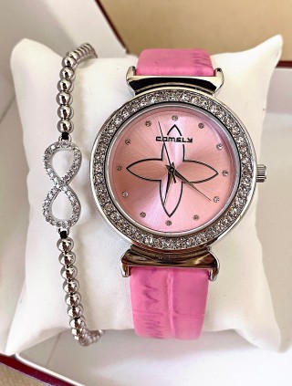 Ceas dama roz cu bratara din piele ecologica si cadran cu stea