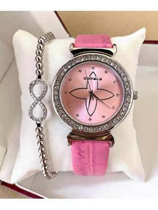 Ceas dama roz cu bratara din piele ecologica si cadran cu stea