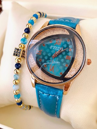 Ceas dama albastru cu bratara din piele ecologica si cadran deosebit