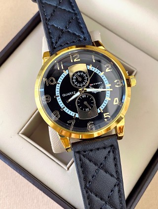 Ceas barbat negru cu bratara din piele ecologica si cadran cu auriu