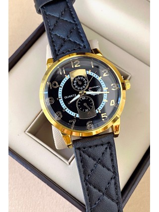 Ceas barbat negru cu bratara din piele ecologica si cadran cu auriu