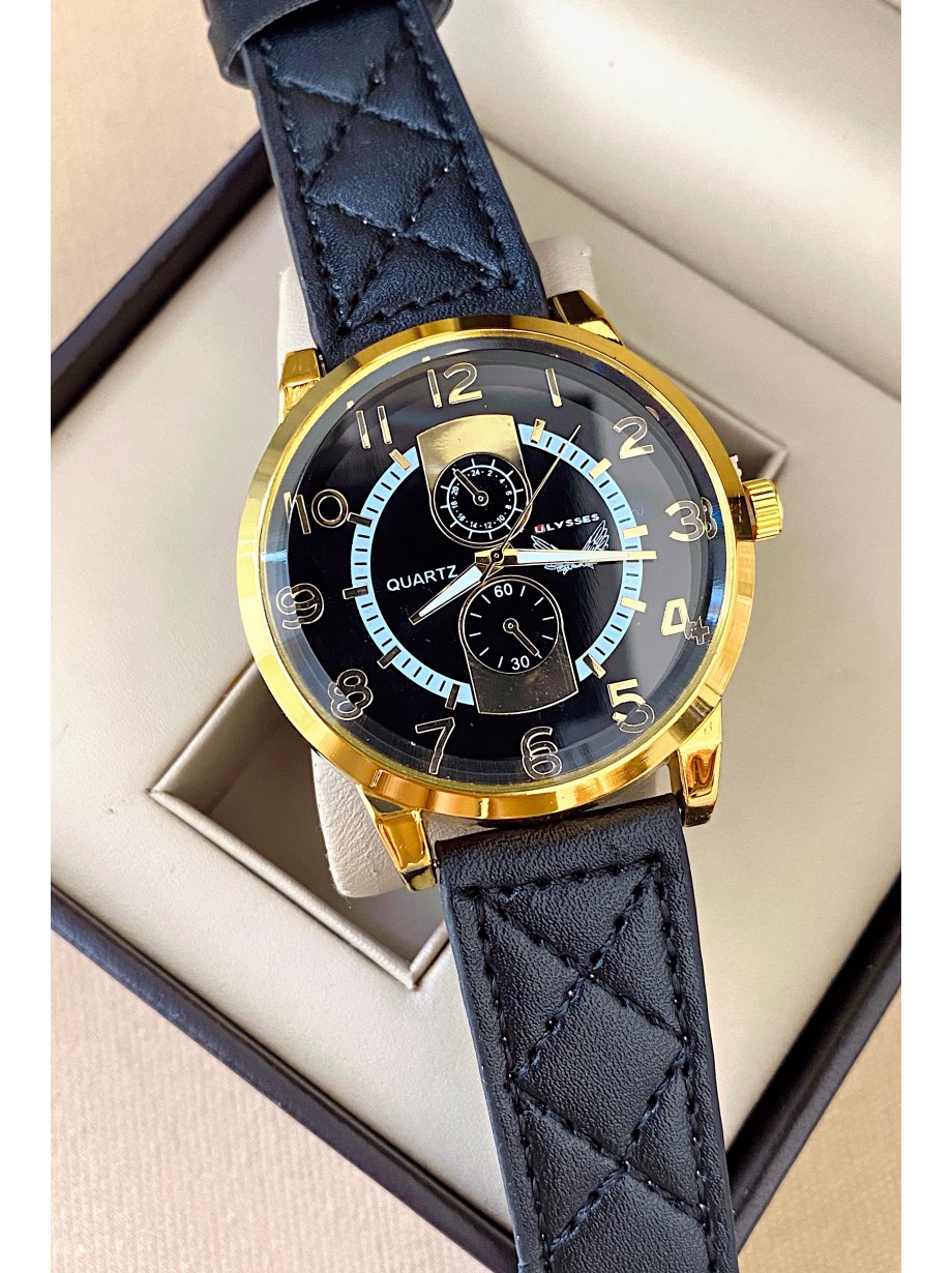 Ceas barbat negru cu bratara din piele ecologica si cadran cu auriu