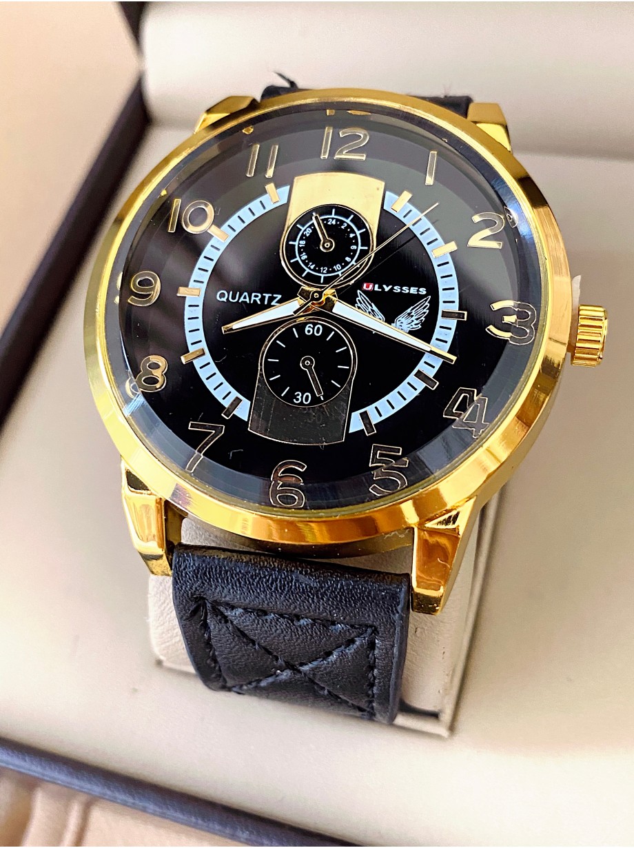 Ceas barbat negru cu bratara din piele ecologica si cadran cu auriu
