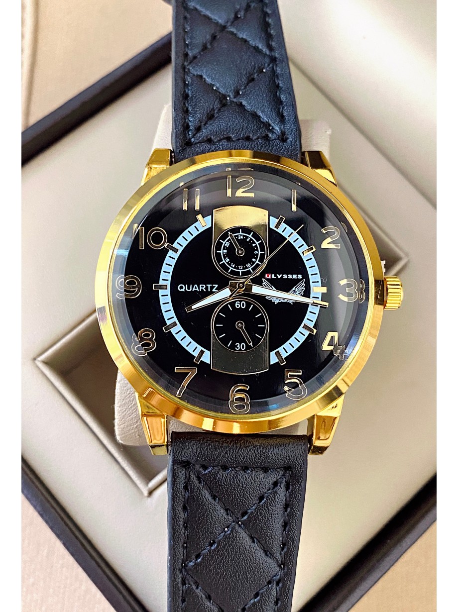 Ceas barbat negru cu bratara din piele ecologica si cadran cu auriu