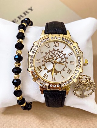 Ceas dama negru cu bratara din piele ecologica si cadran copac