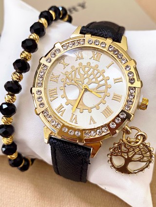 Ceas dama negru cu bratara din piele ecologica si cadran copac