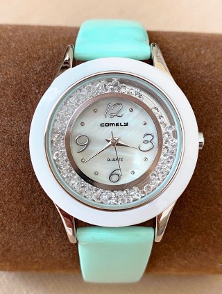 Ceas dama turcoaz cu bratara din piele ecologica si cadran cu pietricele