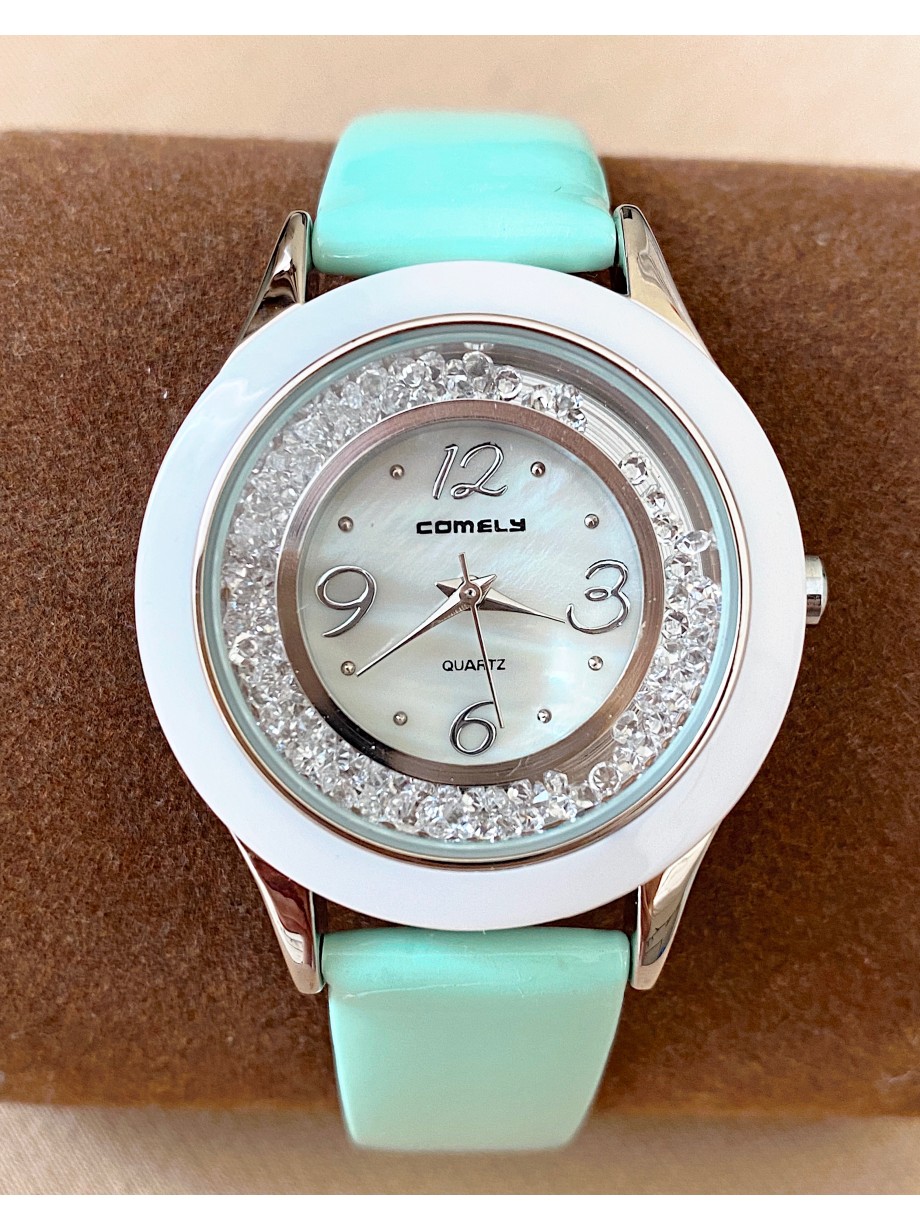 Ceas dama turcoaz cu bratara din piele ecologica si cadran cu pietricele