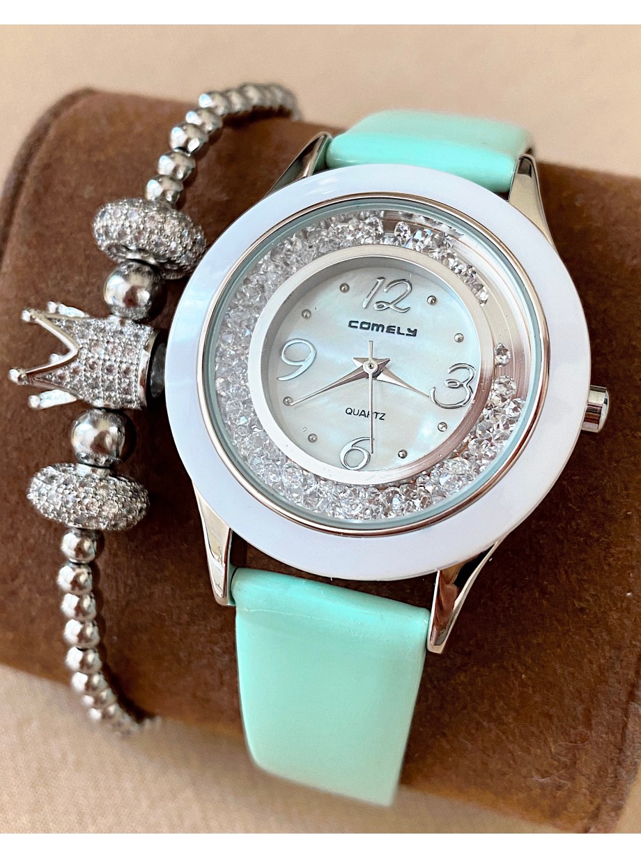 Ceas dama turcoaz cu bratara din piele ecologica si cadran cu pietricele