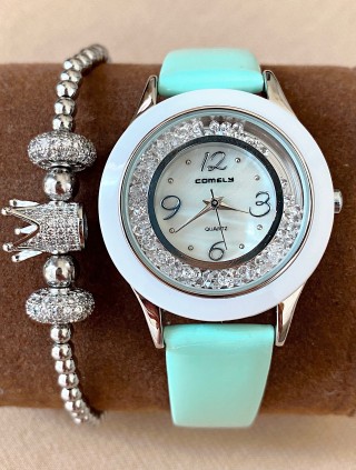 Ceas dama turcoaz cu bratara din piele ecologica si cadran cu pietricele