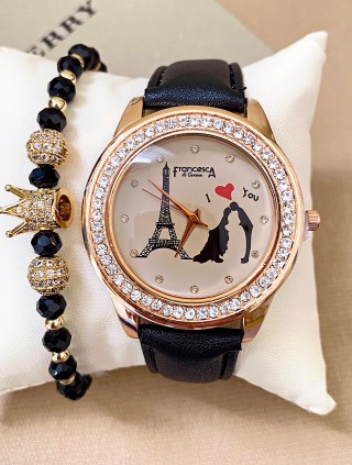 Ceas dama negru cu bratara din piele ecologica si cadran cu Paris