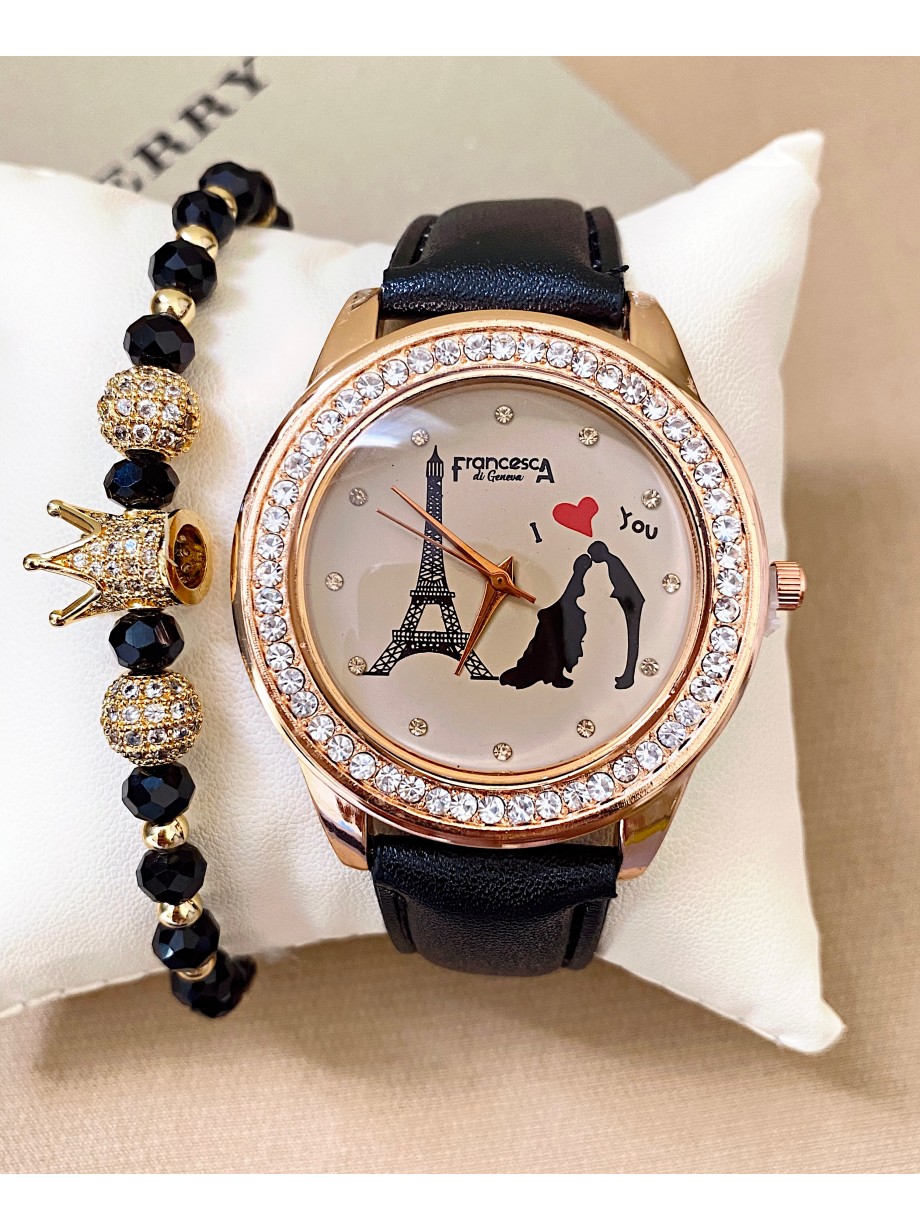 Ceas dama negru cu bratara din piele ecologica si cadran cu Paris