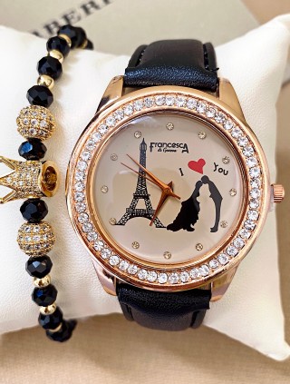 Ceas dama negru cu bratara din piele ecologica si cadran cu Paris