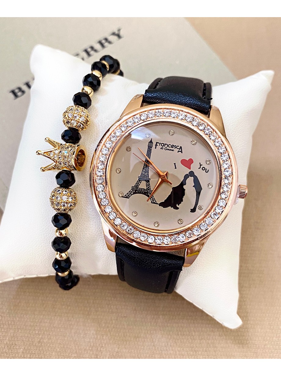 Ceas dama negru cu bratara din piele ecologica si cadran cu Paris
