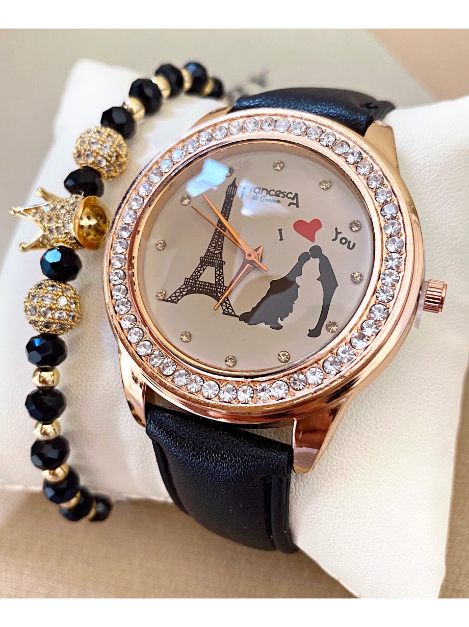 Ceas dama negru cu bratara din piele ecologica si cadran cu Paris