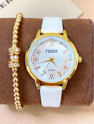 Ceas dama alb cu bratara din piele ecologica si cadran cu cifre mici