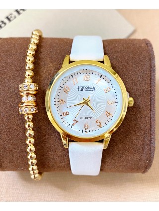 Ceas dama alb cu bratara din piele ecologica si cadran cu cifre mici