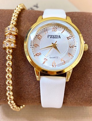 Ceas dama alb cu bratara din piele ecologica si cadran cu cifre mici