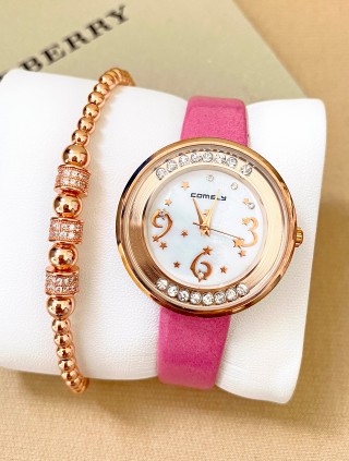 Ceas dama roz cu bratara din piele ecologica si cadran cu 3 cifre