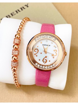 Ceas dama roz cu bratara din piele ecologica si cadran cu 3 cifre