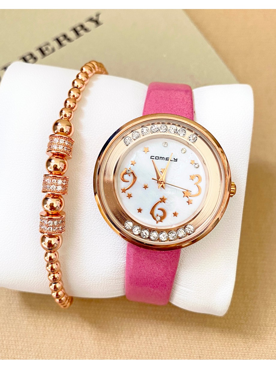 Ceas dama roz cu bratara din piele ecologica si cadran cu 3 cifre