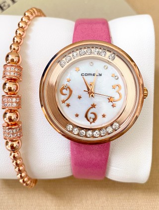 Ceas dama roz cu bratara din piele ecologica si cadran cu 3 cifre