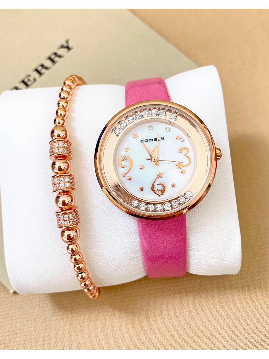 Ceas dama roz cu bratara din piele ecologica si cadran cu 3 cifre