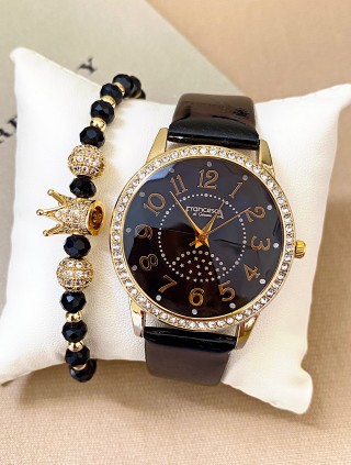 Ceas dama negru cu bratara din piele ecologica si cadran cu petricele