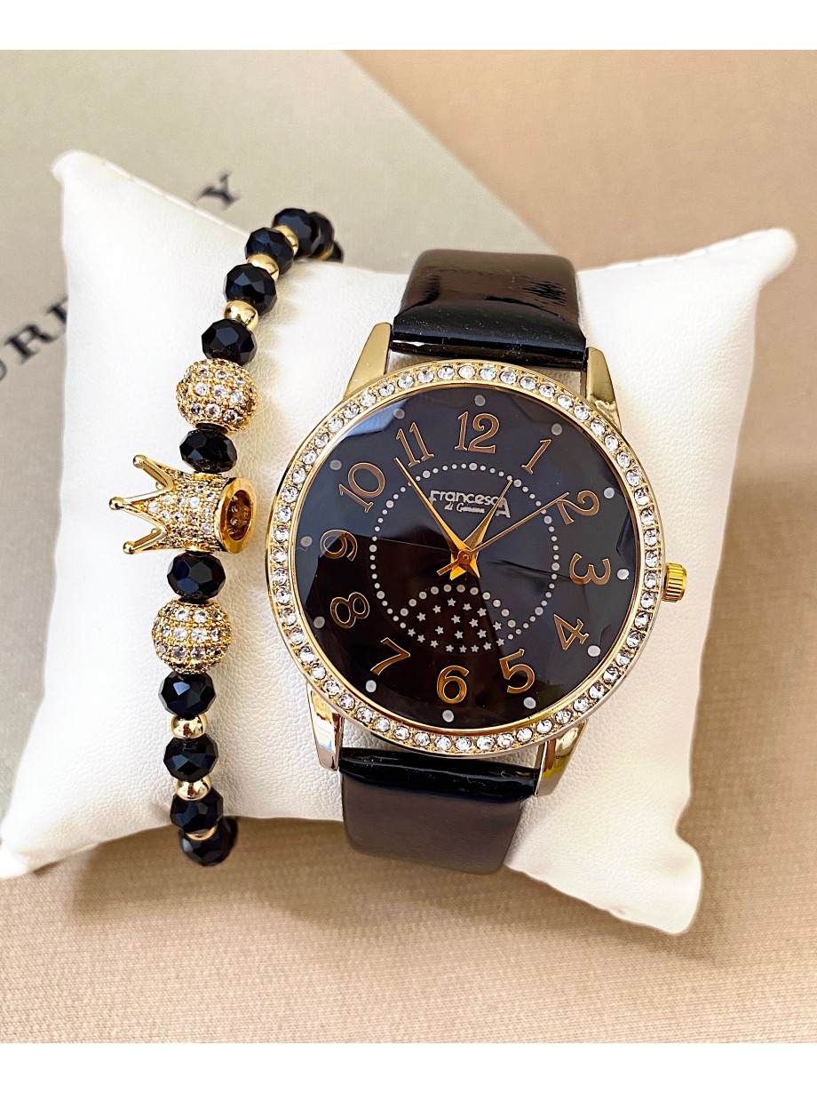 Ceas dama negru cu bratara din piele ecologica si cadran cu petricele