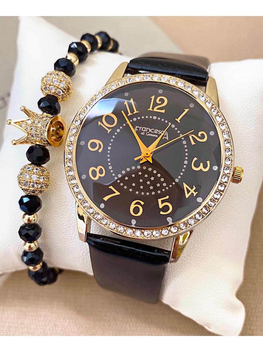 Ceas dama negru cu bratara din piele ecologica si cadran cu petricele