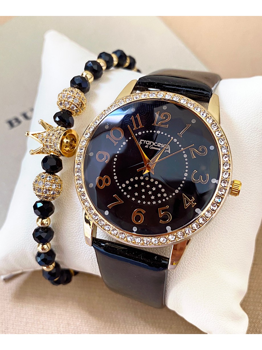 Ceas dama negru cu bratara din piele ecologica si cadran cu petricele