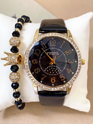 Ceas dama negru cu bratara din piele ecologica si cadran cu petricele