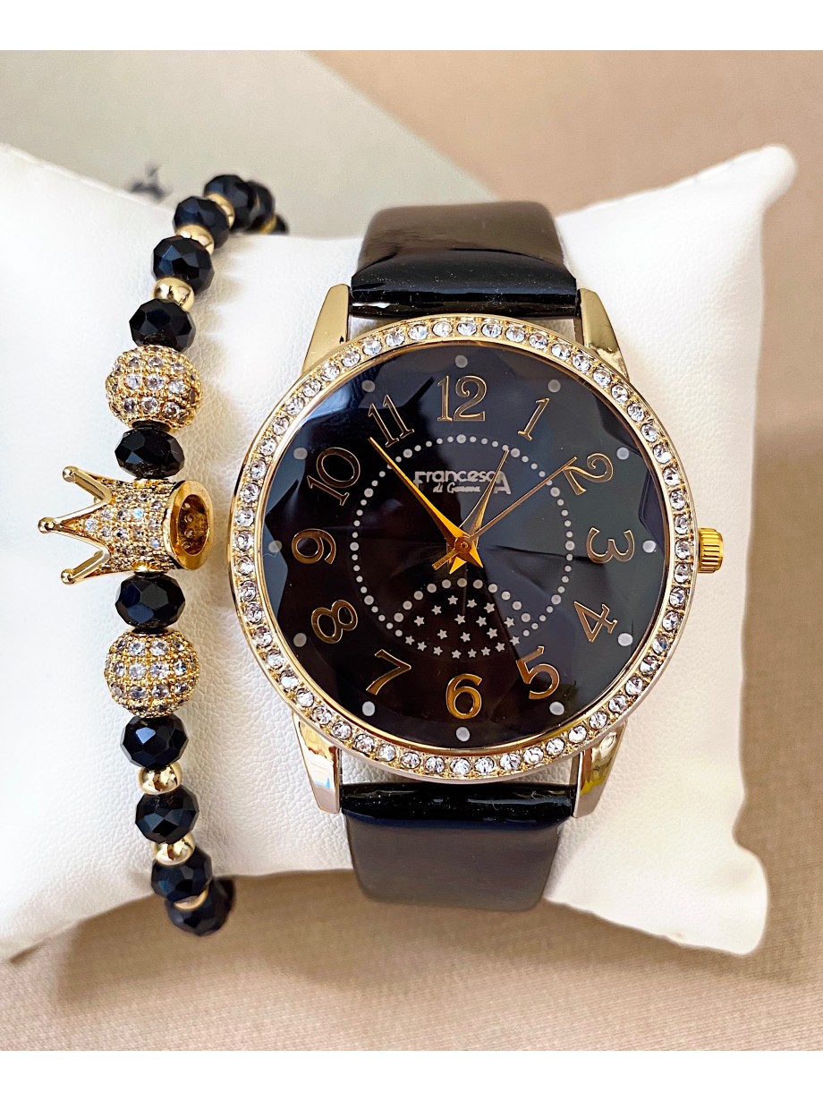 Ceas dama negru cu bratara din piele ecologica si cadran cu petricele