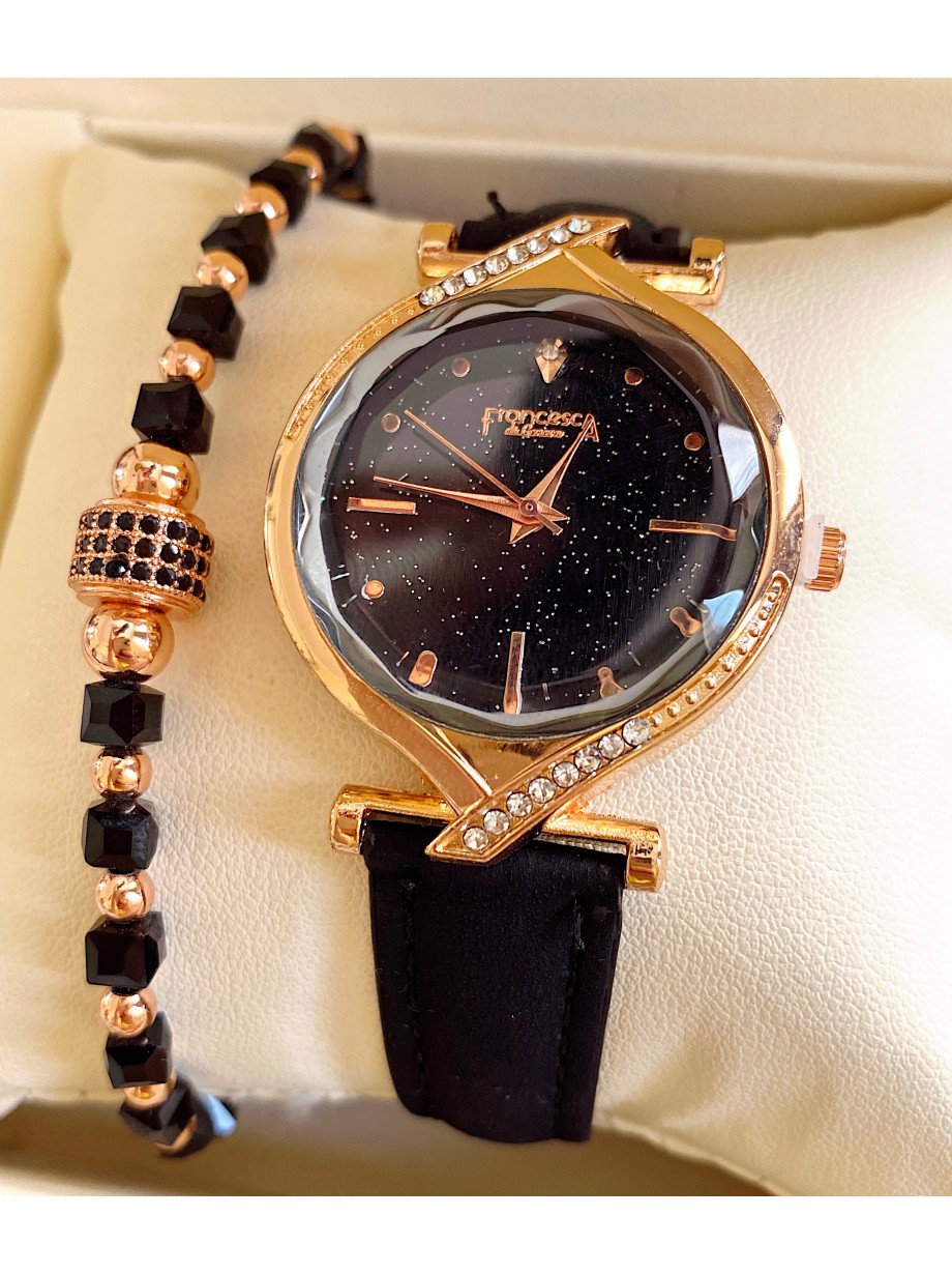 Ceas dama negru cu bratara din piele ecologica si cadran simplu auriu