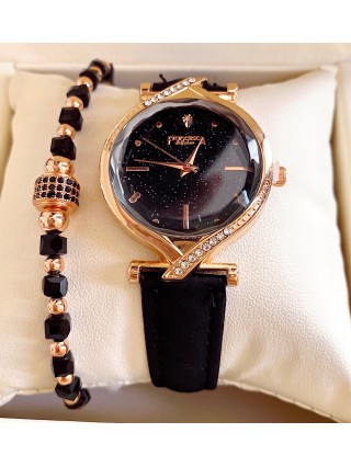 Ceas dama negru cu bratara din piele ecologica si cadran simplu auriu