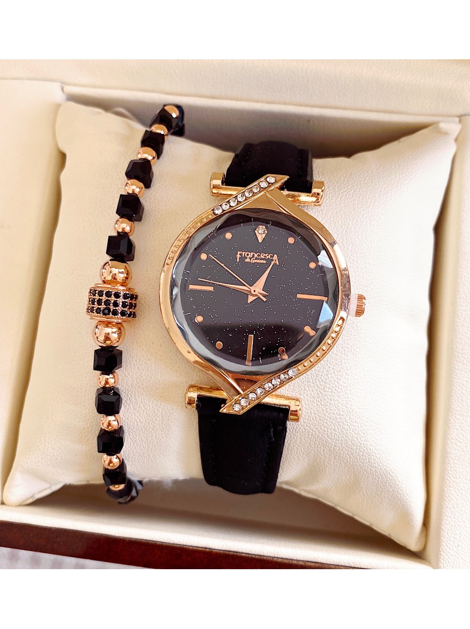 Ceas dama negru cu bratara din piele ecologica si cadran simplu auriu