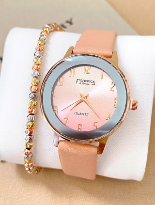 Ceas dama roz cu bratara din piele ecologica si cadran cu gri