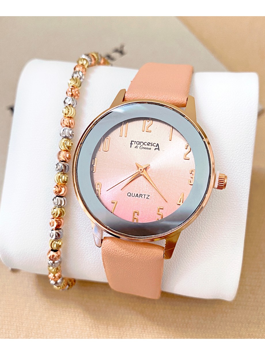 Ceas dama roz cu bratara din piele ecologica si cadran cu gri
