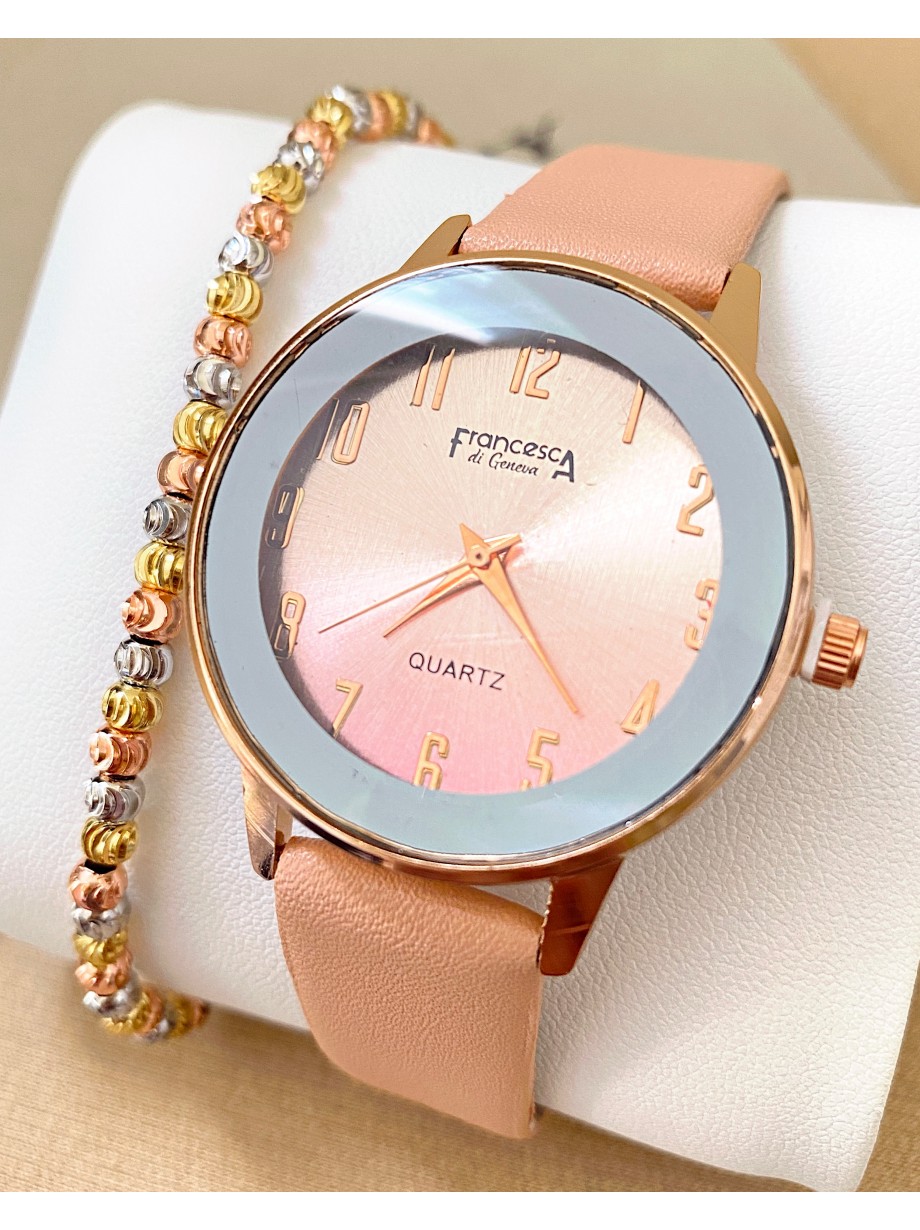 Ceas dama roz cu bratara din piele ecologica si cadran cu gri