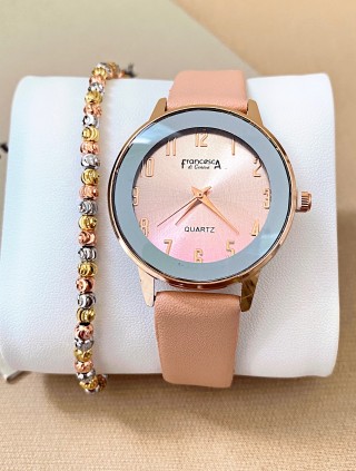 Ceas dama roz cu bratara din piele ecologica si cadran cu gri