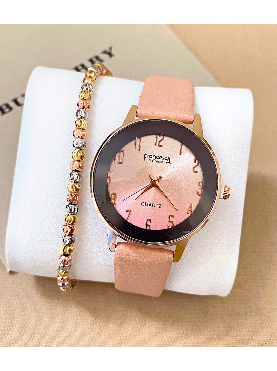 Ceas dama roz cu bratara din piele ecologica si cadran cu gri