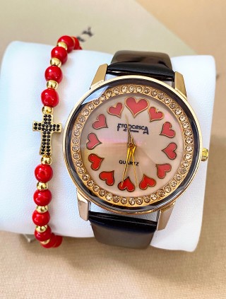 Ceas dama negru cu bratara din piele ecologica si cadran cu inimioare