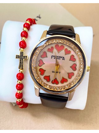 Ceas dama negru cu bratara din piele ecologica si cadran cu inimioare