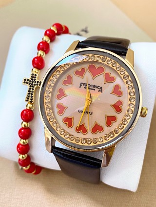 Ceas dama negru cu bratara din piele ecologica si cadran cu inimioare