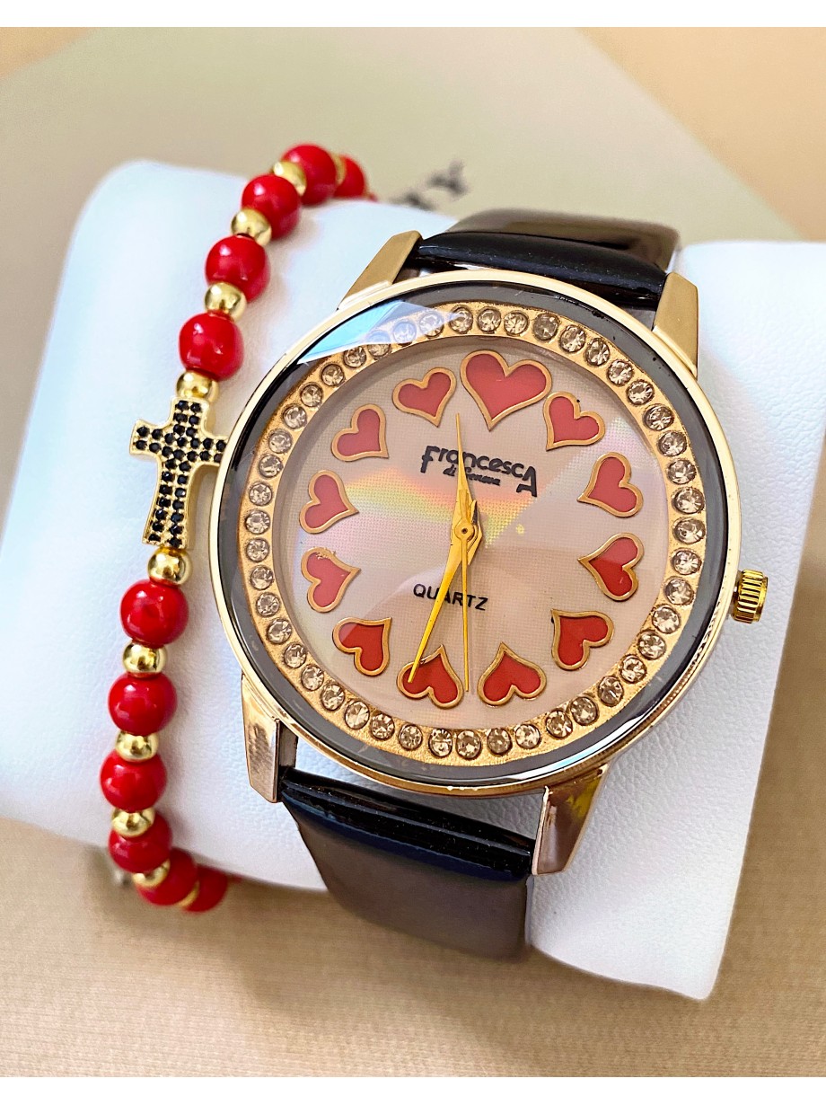 Ceas dama negru cu bratara din piele ecologica si cadran cu inimioare