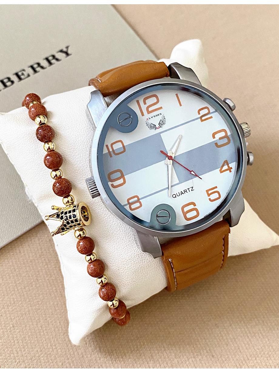 Ceas barbat maro cu bratara din piele ecologica si cadran cu gri