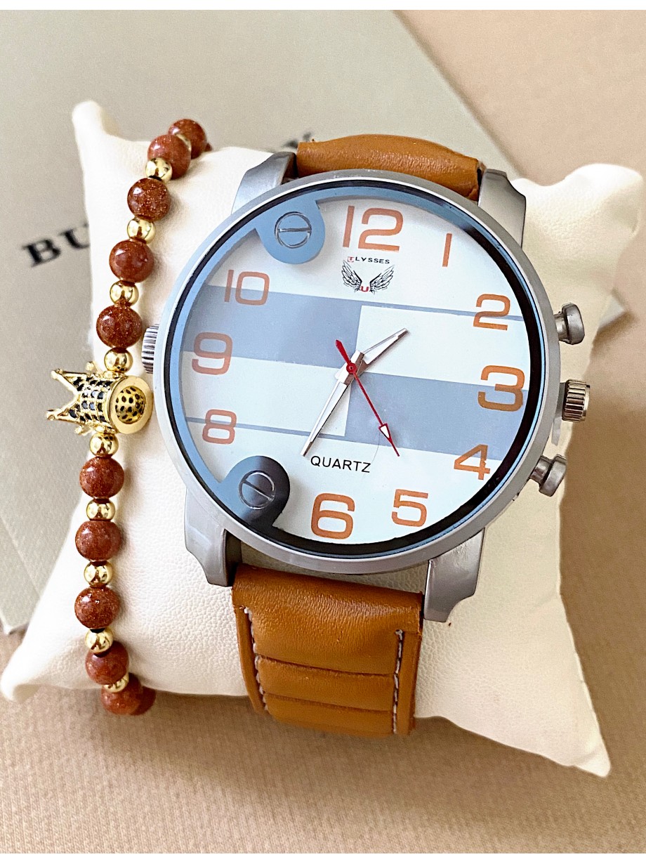 Ceas barbat maro cu bratara din piele ecologica si cadran cu gri